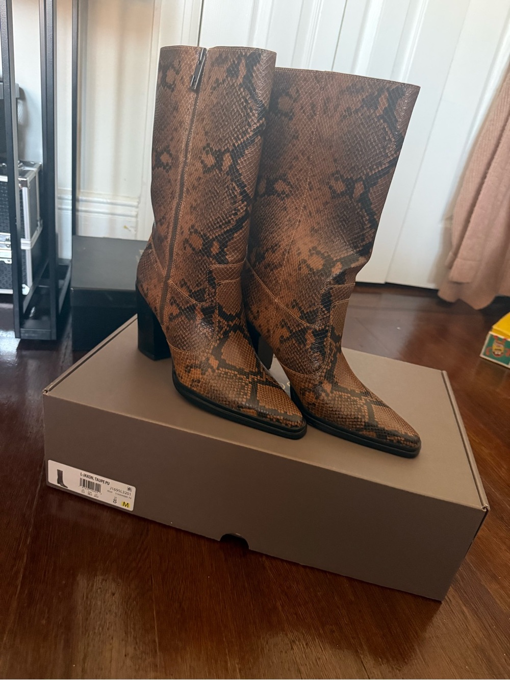 Franco Sarto Brown Snake-Print Mid-Calf Heeled Boots